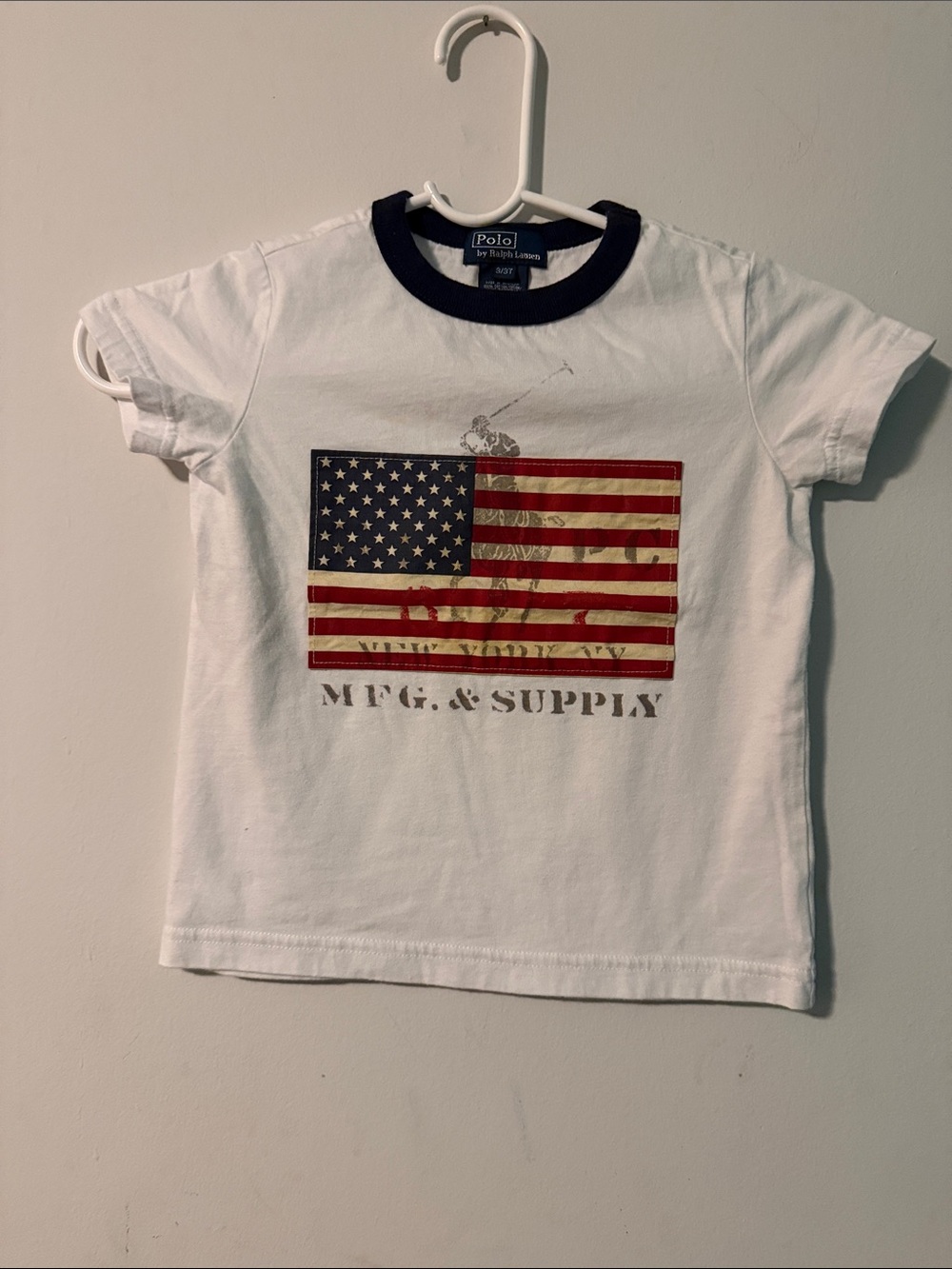 Polo by Ralph Lauren White Tee with Navy Ringer and Flag Graphic